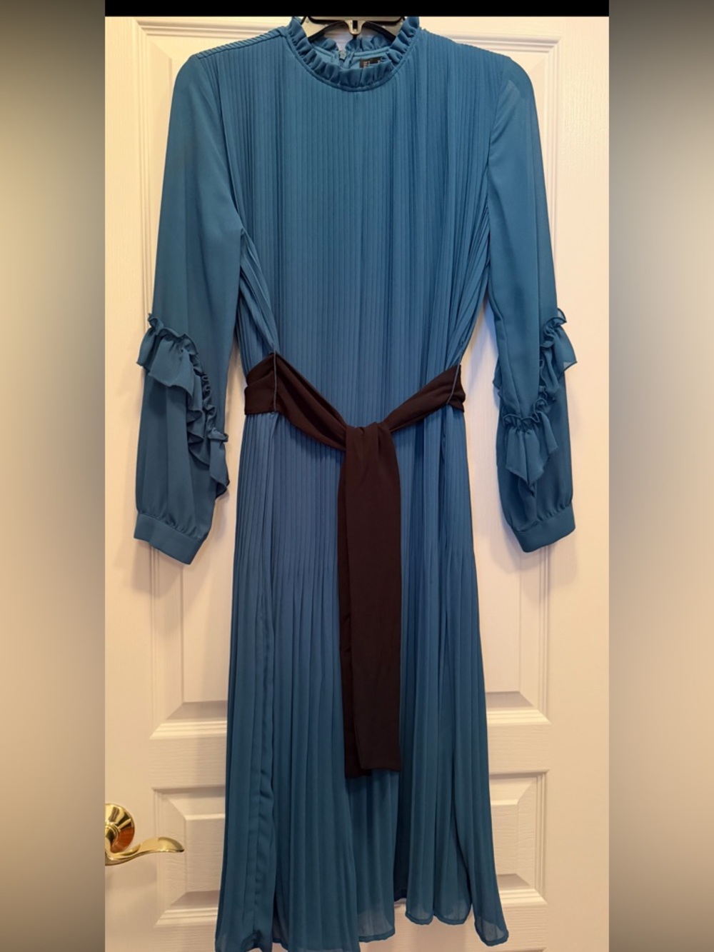 Zara Teal Ruffled Neck Pleated jumpsuit dress with Black Waist Tie